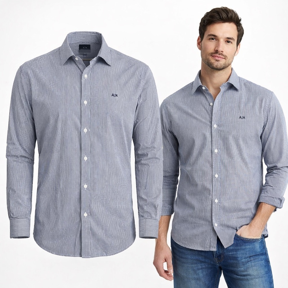 Armani Exchange A|X Slim Fit Striped Button Down Shirt Navy White XL
